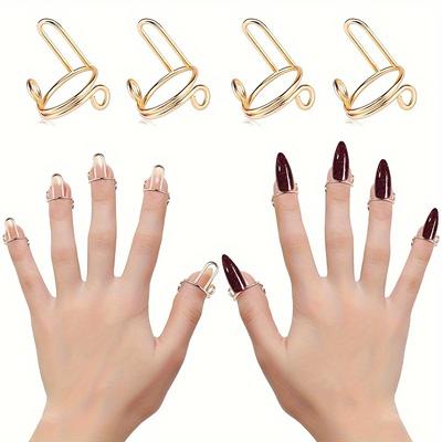 TEMU 10pcs Glossy Golden Press-on Nails With Detachable Rings - Oval Medium-length Reusable Fake Nails For , Nail Art For Parties, Weddings, Special Occasions, Party Accessories, Durable Pressons Image