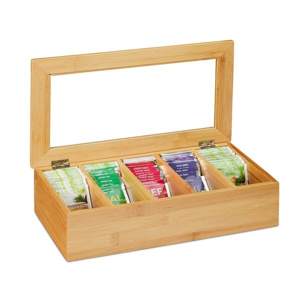 relaxdays Teebox Bambus 5 Fächer braun, 37x9x20 cm Image