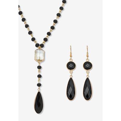 Women's Black Crystal Goldtone Drop Necklace And Crystal Earrings, 2-Piece Set by PalmBeach Jewelry in Black Gold