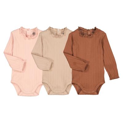 Pack of 3 Bodysuits in Cotton with Long Sleeves and Ruffle Collar