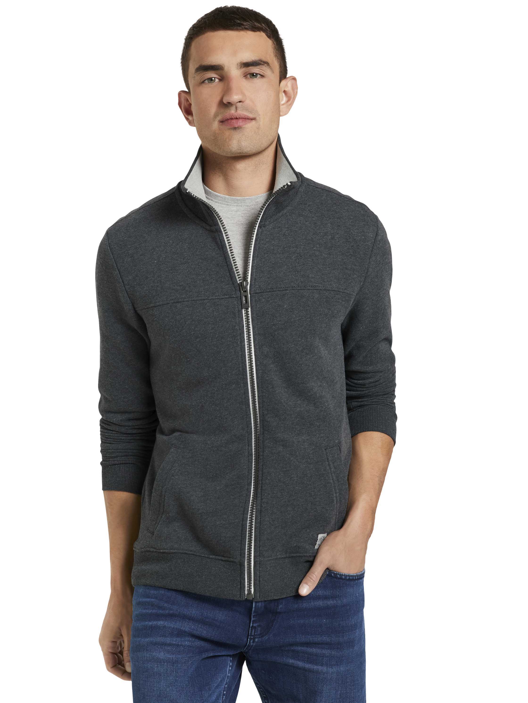 Sweatjacke TOM TAILOR, Herren, Gr. L, grau (anthrazit meliert), Sweatware, Obermaterial: 65% Baumwolle, 35% Polyester, regular fit, Rippbündchen, Sweatjacken Sweatjacke, mit halswärmendem Stehkragen