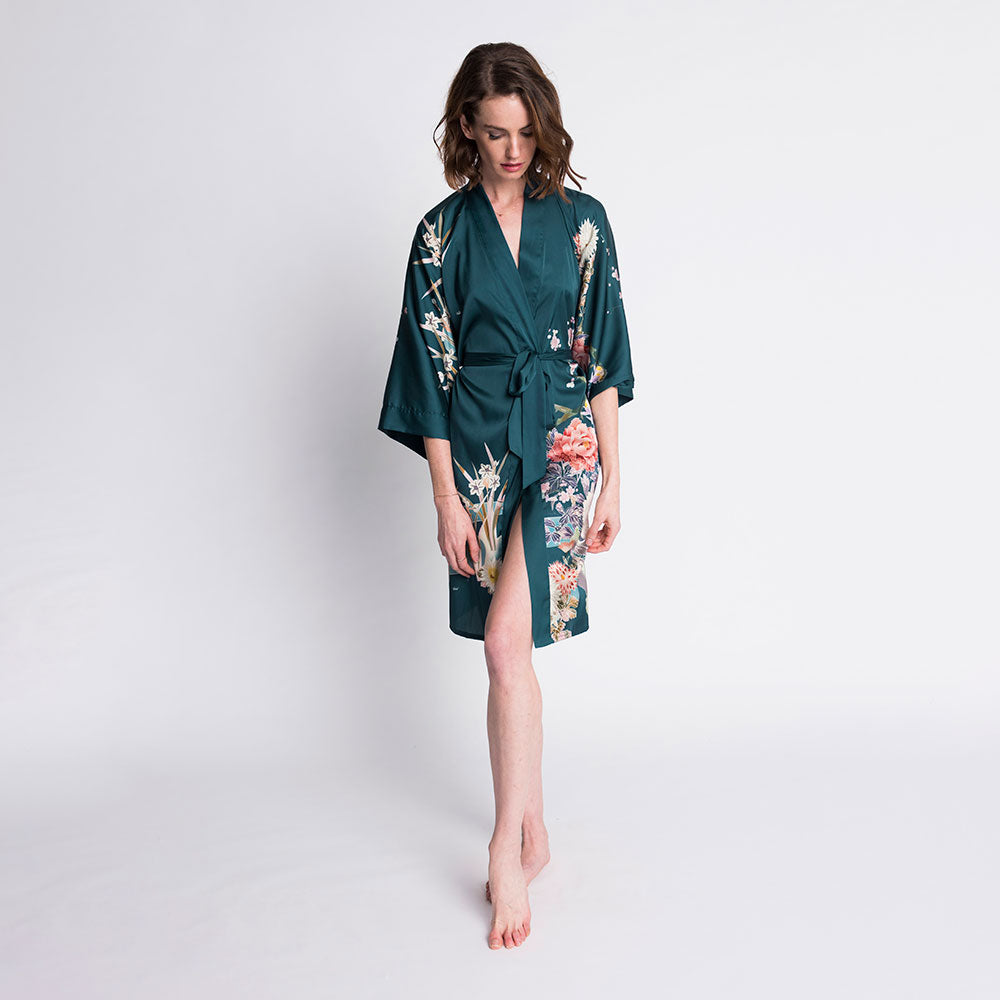 KIM+ONO Kimono Robe | Spring Floral Short Kimono Robe | Polyester Charmeuse | Vintage Teal | Short