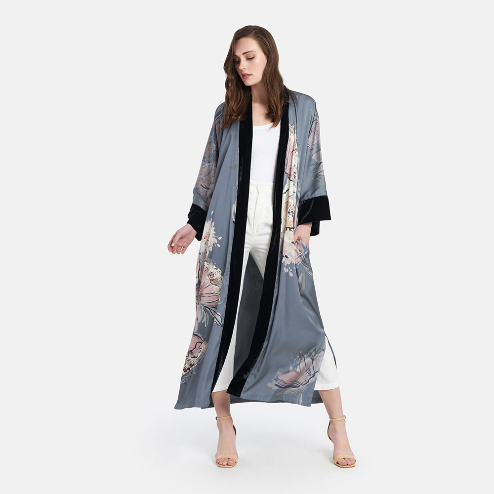 KIM+ONO Kimono Robe | Jia Long Kimono Wrap | Polyester Charmeuse | Grey | Long