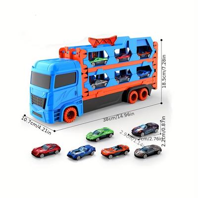 TEMU Set Of 6 Track Cars, Folding Alloy Car Set, Container Truck