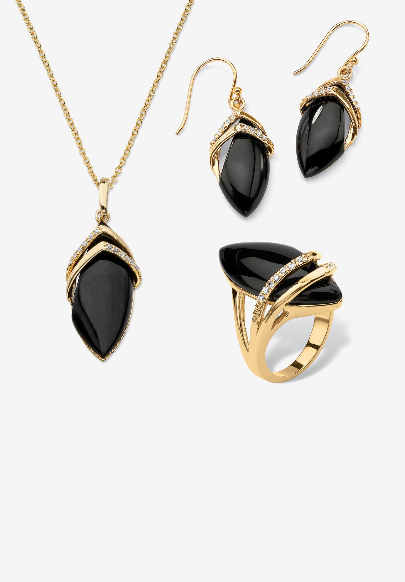 Women's Yellow Gold-Plated Marquise Shaped Onyx And Round Ring Cubic Zirconia (1/2 Cttw) Jewelry by PalmBeach Jewelry in Onyx (Size 7)