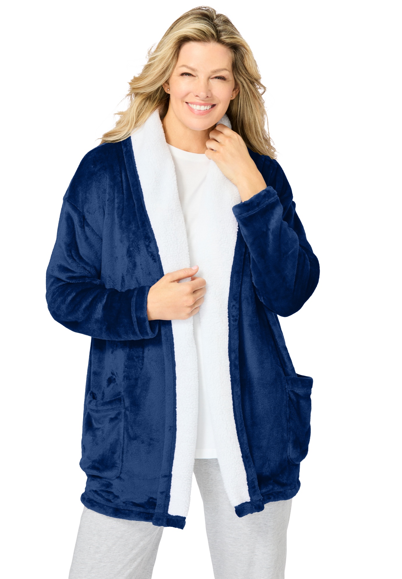 Plus Size Women's Sherpa Lined Collar Microfleece Bed Jacket by Dreams & Co. in Evening Blue (Size 6X) Robe