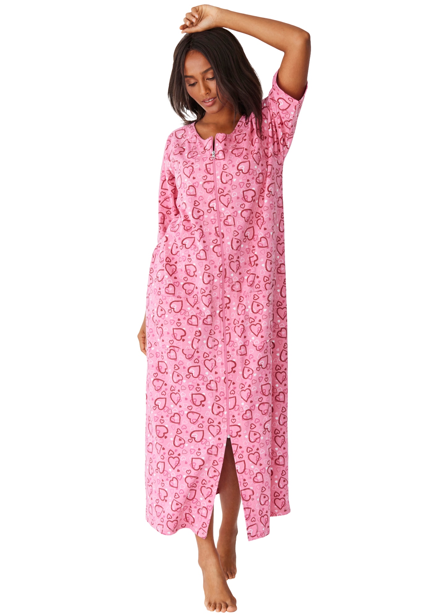 Plus Size Women's Long French Terry Zip-Front Robe by Dreams & Co. in Pink Hearts (Size 1X)