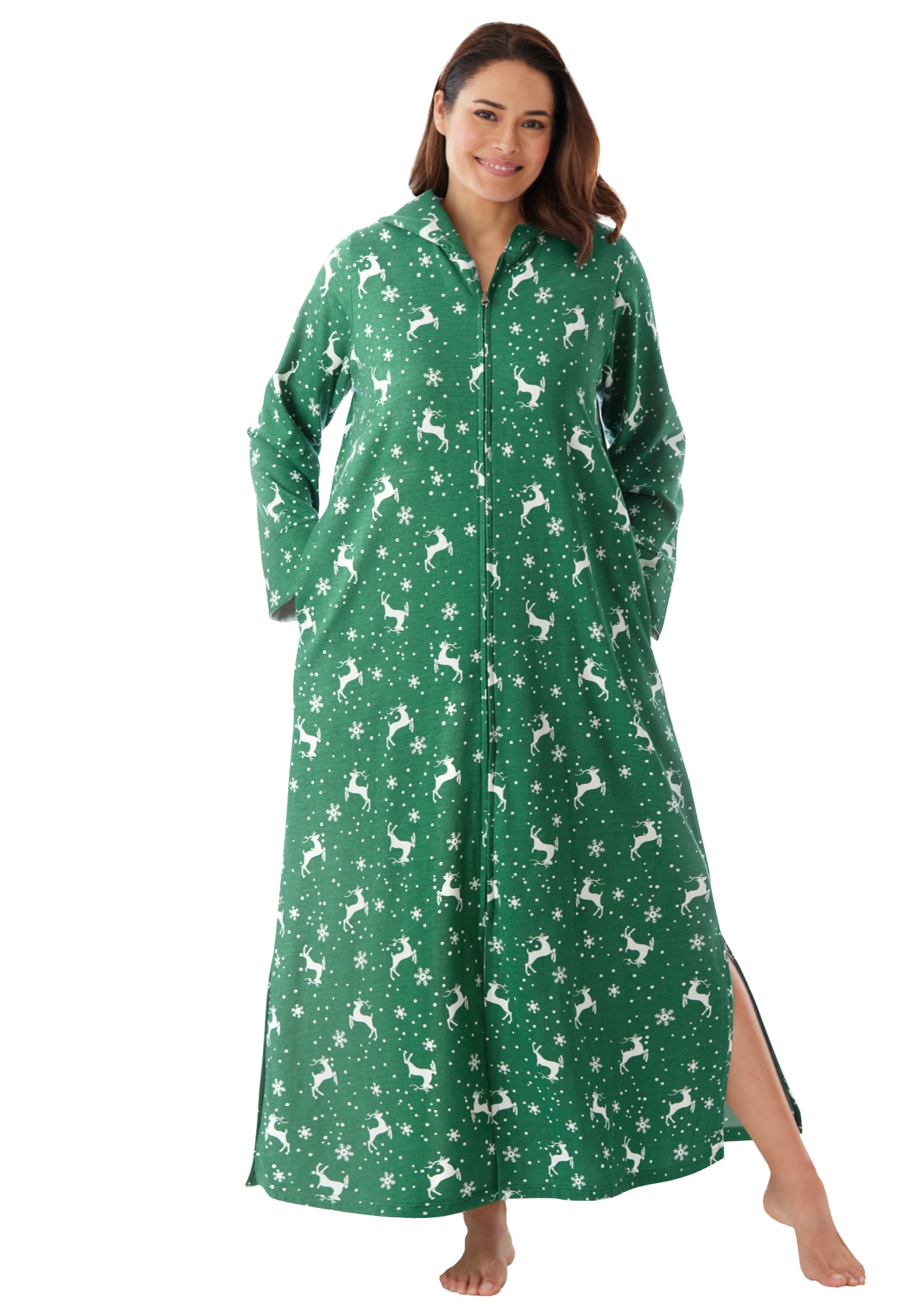 Plus Size Women's Long Hooded Fleece Sweatshirt Robe by Dreams & Co. in Emerald Reindeer (Size 2X)