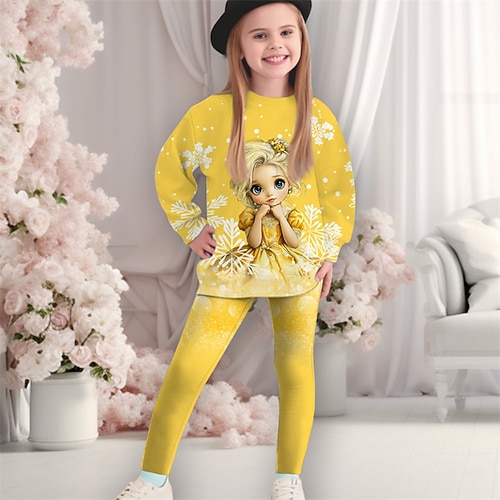 Mädchen 3D Graphic Karikatur Schneeflocke Weihnachtssets Sport-Outfit Trainingsanzüge Langarm Frühling Herbst Täglich Brautkleider schlicht Stumpfhosen kinderkleidung 4-12 Jahre Rundhalsausschnitt Image