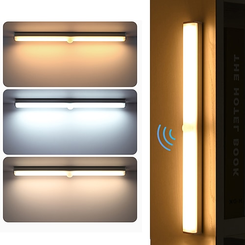 Unterschrankbeleuchtung, LED-Nachtlicht mit Bewegungsmelder, wiederaufladbar über USB, dreifarbiges Licht, intelligentes LED-Schranklicht ohne Kabel für Schlafzimmerschrank, Weinschrank, Kleiderschrank, Flur Image