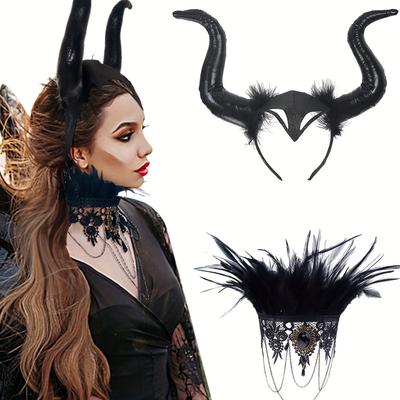 TEMU Women's Devil Horns Headband With And Lace Choker Set, Steampunk Style, Gothic Costume Accessory For Cosplay