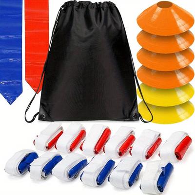 TEMU - 12 Player Adjustable Football Flag Kit Set With D-ring Closure â€“36 Pieces (18 Red And 18 Blue Flags) + 6 Cones + Travel Bag - Kids And Adults Outdoor Sports Training Equipment