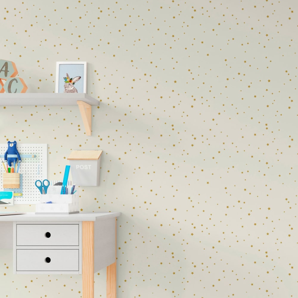 Carta da parati con stampa di stelline oro. 53cmx10m