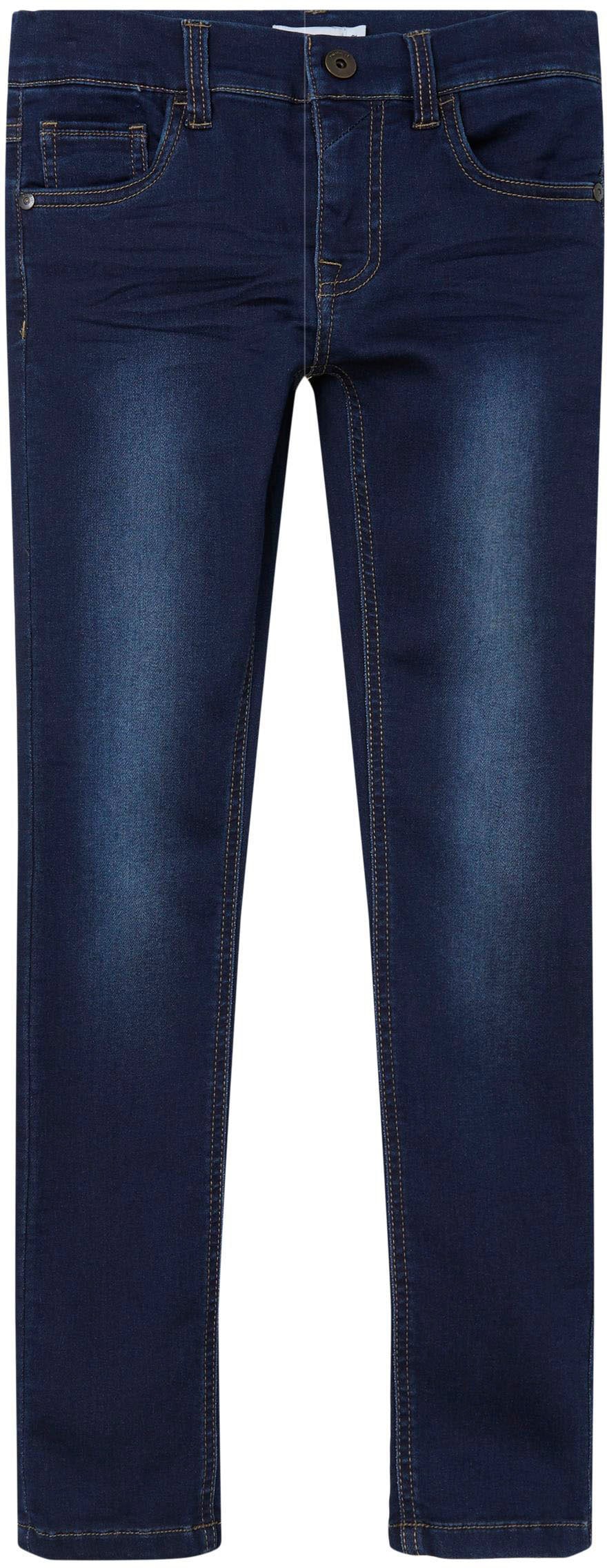 Stretch-Jeans NAME IT "NKMTHEO DNMTHAYER COR1 SWE PANT", Jungen, Gr. 146, N-Gr, blau (dunkelblau denim), Denim/Jeans, Obermaterial: 70% Baumwolle, 27% Polyester, 3% Elasthan, Abriebeffekte, Casual, slim fit, Jeans 5-Pocket-Jeans Image