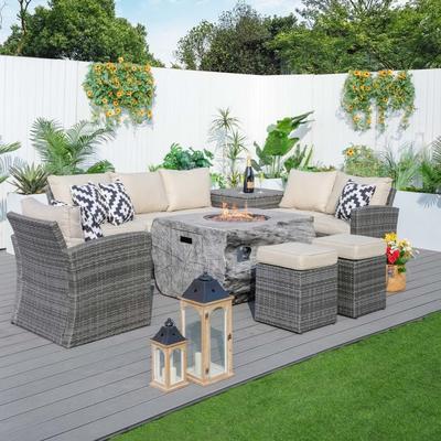 7-Piece Patio Wicker Sofa Set with Fire Pit and Storage Box