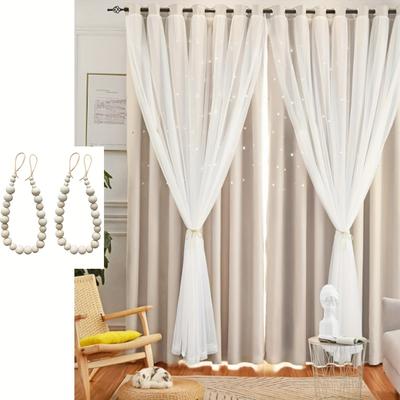 TEMU Star Curtains Double Layer Curtains Blackout Curtains For Bedroom Curtains Cute Curtains, Curtains 78 Inches Long 2 Panels Set+set Of 2 Curtain Tie Backs, Beige Curtains, 39.4 X 78 Inches