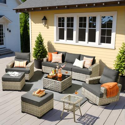 OVIOS 9 Pieces T shaped Seat Wide Armrest Swivel Chair Set With Solar-Powered Coffee Table