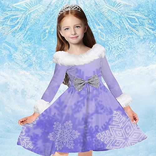 kinderkleidung Mädchen Kleid Schneeflockenkleid Schneeflocke Langarm Casual Pelzkragen Rundhalsausschnitt bezaubernd Täglich Polyester Übers Knie Casual kleid Schaukelkleid A Linie Kleid Herbst Winter Image