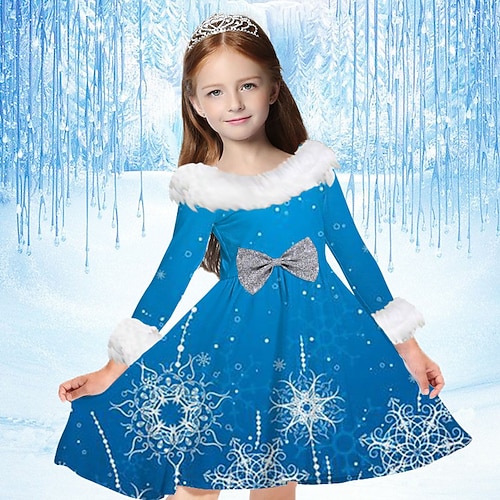 kinderkleidung Mädchen Kleid Schneeflockenkleid Schneeflocke Langarm Casual Pelzkragen Rundhalsausschnitt bezaubernd Täglich Polyester Übers Knie Casual kleid Schaukelkleid A Linie Kleid Herbst Winter Image