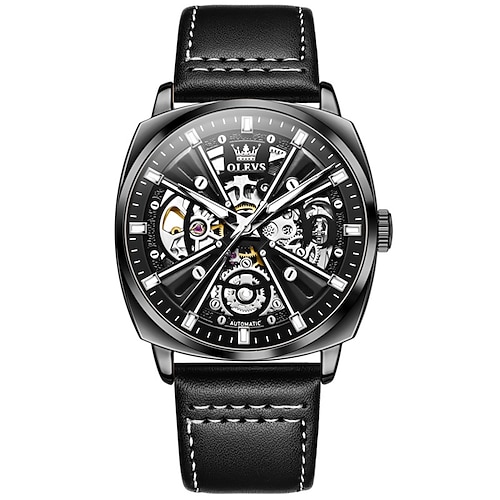 Olevs 6685 Automatikuhr für Herren, goldenes Skelett, Edelstahl, wasserdicht, Lederarmband, sportliche mechanische Herrenarmbanduhren