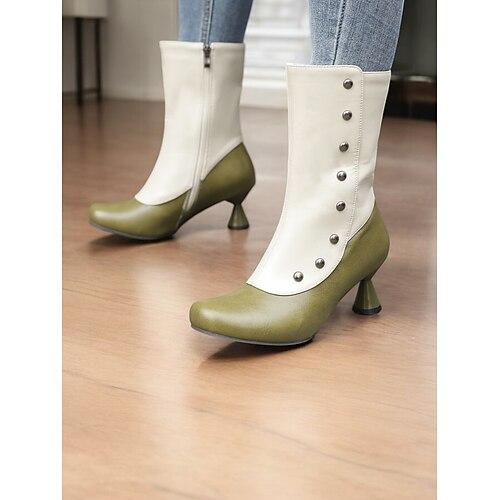 Zweifarbige Vintage-Stiefeletten für Damen mit Knopfleiste und niedrigem Absatz – Stiefel im Retro-Stil mit Reißverschluss für die Herbst- und Wintermode