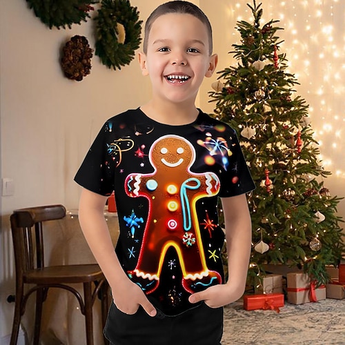 Weihnachten Jungen 3D Lebkuchenmänner T-Shirt Hemd Kurzarm 3D-Druck Herbst Aktiv Sport Modisch Polyester kinderkleidung 3-12 Jahre Outdoor Casual Täglich Regular Fit Image