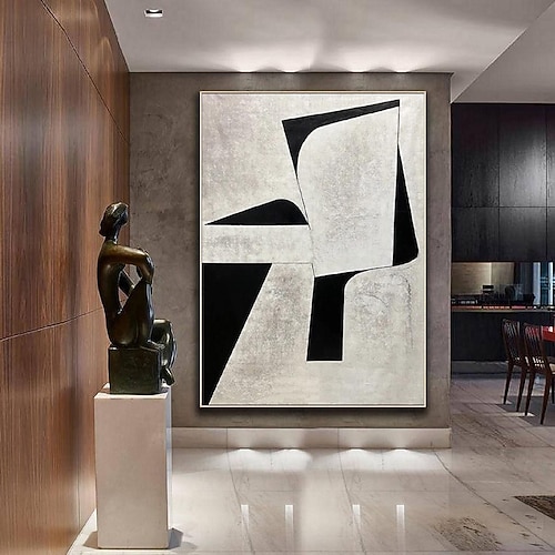 handgemaltes weiß-schwarzes Strukturgemälde übergroßes 3D handgemachtes abstraktes geometrisches Wandkunstgemälde großes minimalistisches schwarz-weißes Strukturgemälde für Wohnzimmer Schlafzimmer Image