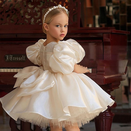 kinderkleidung Mädchen Blumenmädchen Kleid Kleid Pailletten Einfarbig Kurzarm Hochzeit Party Besondere Anlässe Schleife Kuschelig Prinzessin Baumwolle Knielang A Linie Kleid Sommer 2-8 Jahre Weiß Image