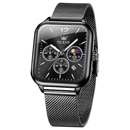 neue Olevs Olevs Marke Modetrend Herrenuhren quadratisches Zifferblatt leuchtender Mondphasenkalender Multifunktions-Drei-Augen-Mesh-Gürtel Mondphasen-Quarzuhr lässige wasserdichte Image