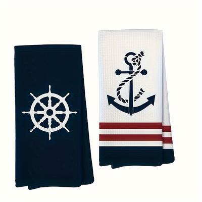 "TEMU Nautical Kitchen Towels Set Of 4 - Polyester Felt Sailing & Anchor Designs, Fade-resistant 16x24"" Dish Cloths For Coastal Decor, Ideal Gifts For & Boat Owners, Machine Washable -"