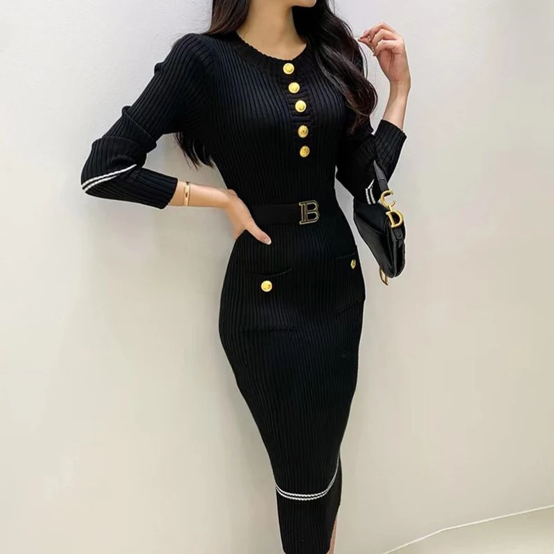 Yuoomuoo Frauen Kleid koreanische Mode O-Ausschnitt schlanke Taille gestrickt Bleistift kleid mit Gürtel Büro Dame Bodycon Vestidos 2024 Winter Image