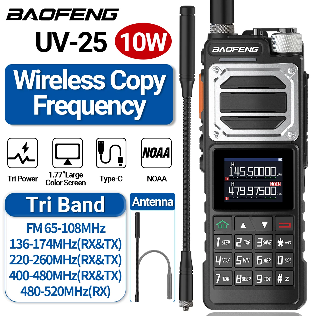 Baofeng UV 25-Walkie-Talkie, leistungsstarkes Tri-Band, große Reichweite, Gänseröhre, kabellose Kopierfrequenz, Typ C, UV K5 Ham, Zwei-Wege-Radio Image