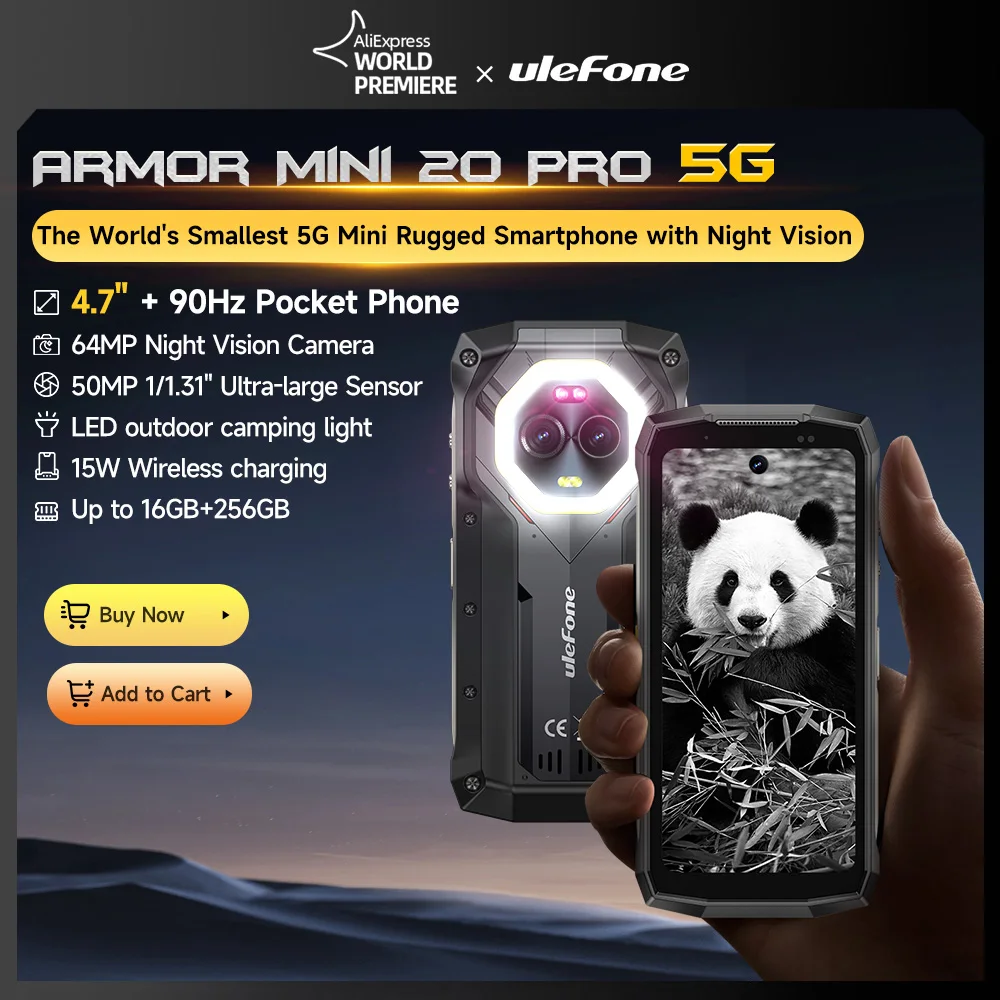 Ulefone Armor Mini 20 Pro 5G 4,7" Display Robustes Telefon 64MP Nachtkamera Vielseitiges LED-Licht Android 14 Smartphone 6200mAh 16GBRAM（8+8）256GB ROM 33W Image