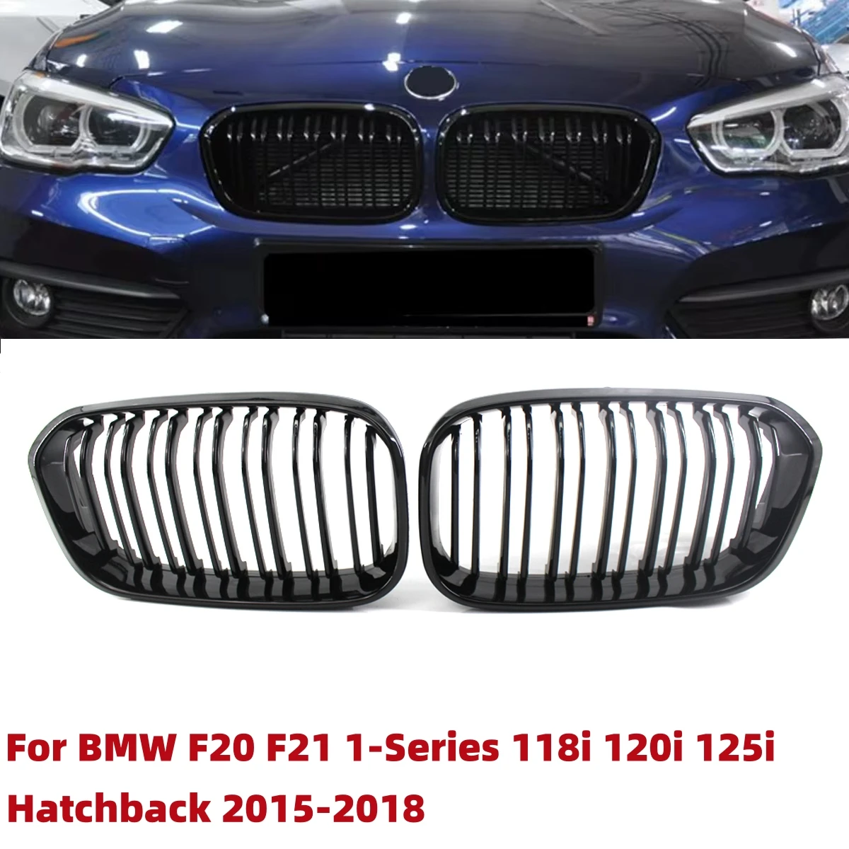 Frontstoßstange Nierenrenngitter für BMW F20 F21 1er Serie 118i 120i 125i Schrägheck 2015–2018, glänzend schwarzer Doppellinien-Grill Image