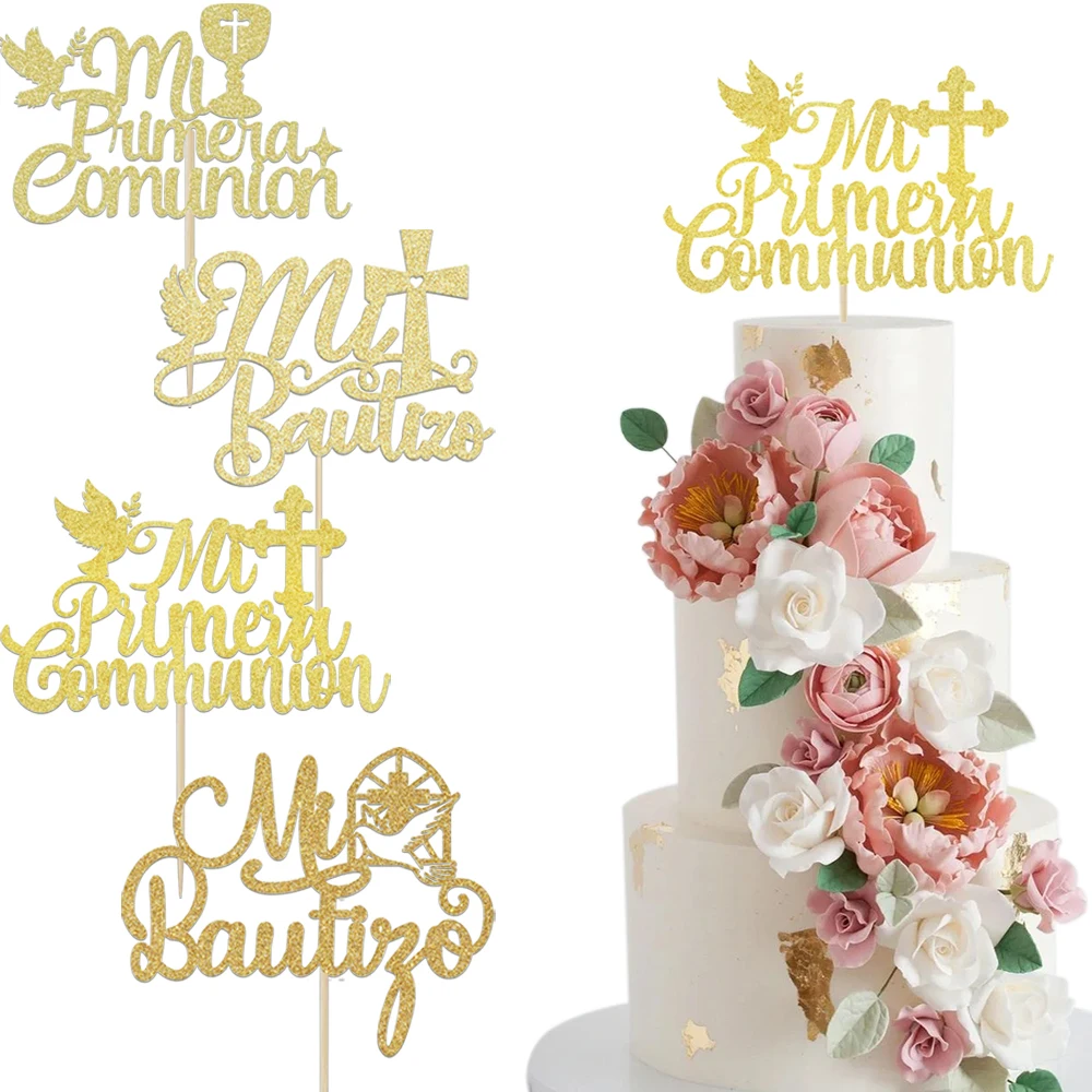 5 Stück Gold Kreuz Kommunion Glitzer Kuchen Topper für Babyparty Party Geburtstag Kuchen Dekorationen Taufe Duschen Image