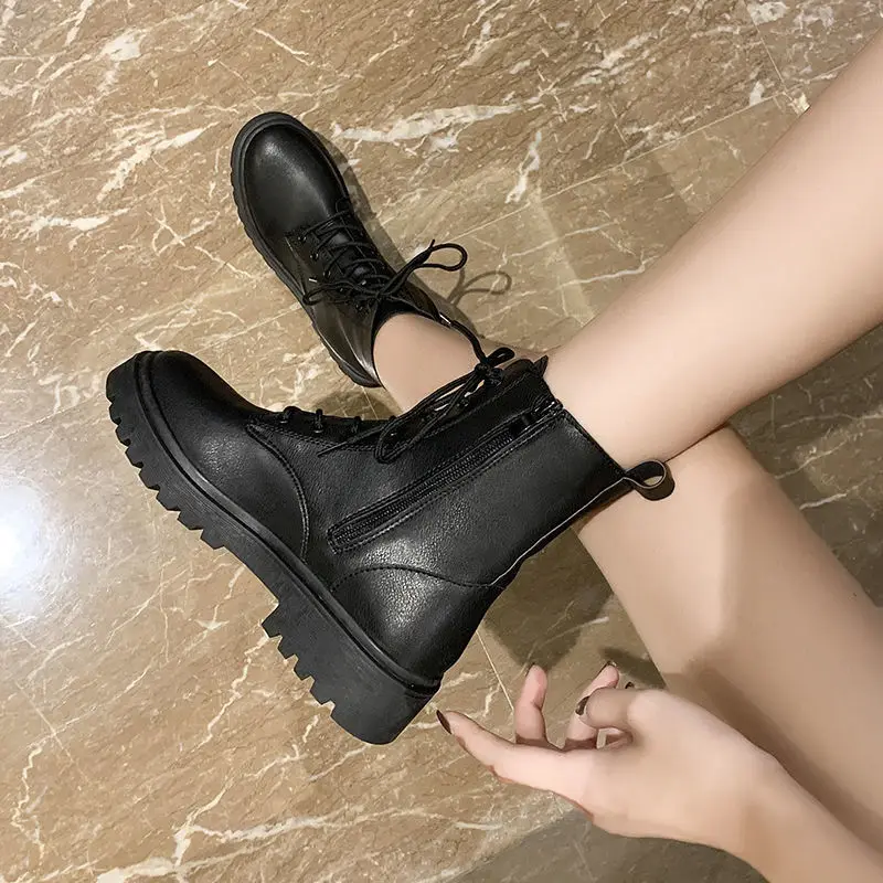 Combat Damen-Stiefeletten zum Schnüren, Stiefeletten mit Schnürsenkeln, kurze Schuhe für Damen, elegante mittelhohe Absätze, schwarze Schuhe, Stiefel im Punk-Stil