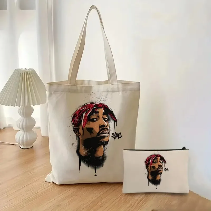 2 stücke Mode Tupac Hip Hop Einkaufstasche Tasche kosmetische Veranstalter Tasche Damen Leinwand Umhängetasche Öko große Kapazität Einkaufstasche