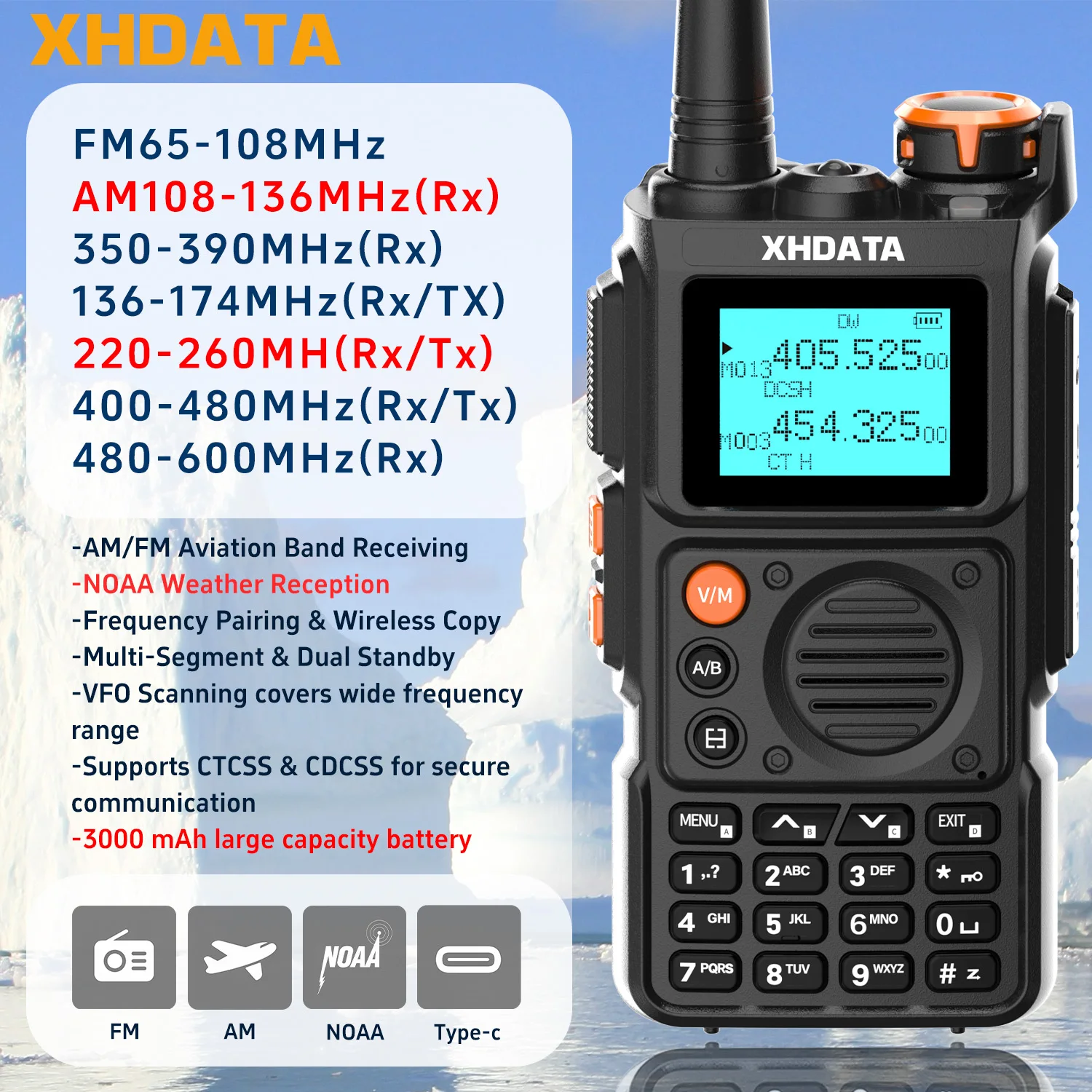 Xhdata e100 walkie talkie 3000mah leistung voll band typec aufladen drahtloser frequenz klon langstrecken uhf vhf hink radio Image