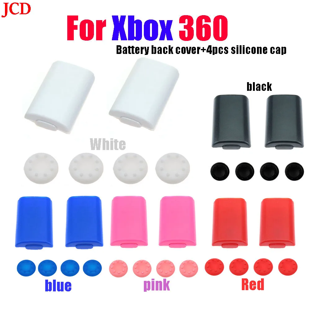 JCD 2x AA Battery Back Cover Pack Replacement Part for Xbox 360 Wireless Controller + 4 Silicone Grip Cap Cover Black