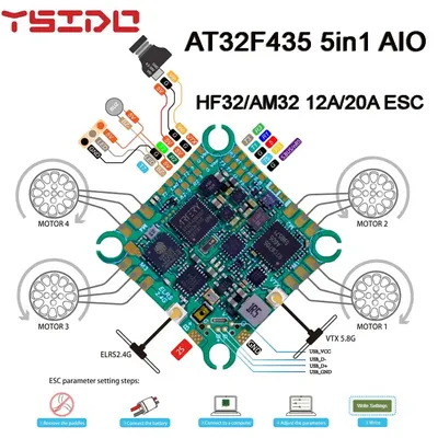 Ysido at32f435 5-in-1 aio 5v/2a hf32/am32 12a/20a esc expresslrs elrs 2,4g & 5,8g 400mw vtx für fpv tiny whoop zahnstocher drohnen
