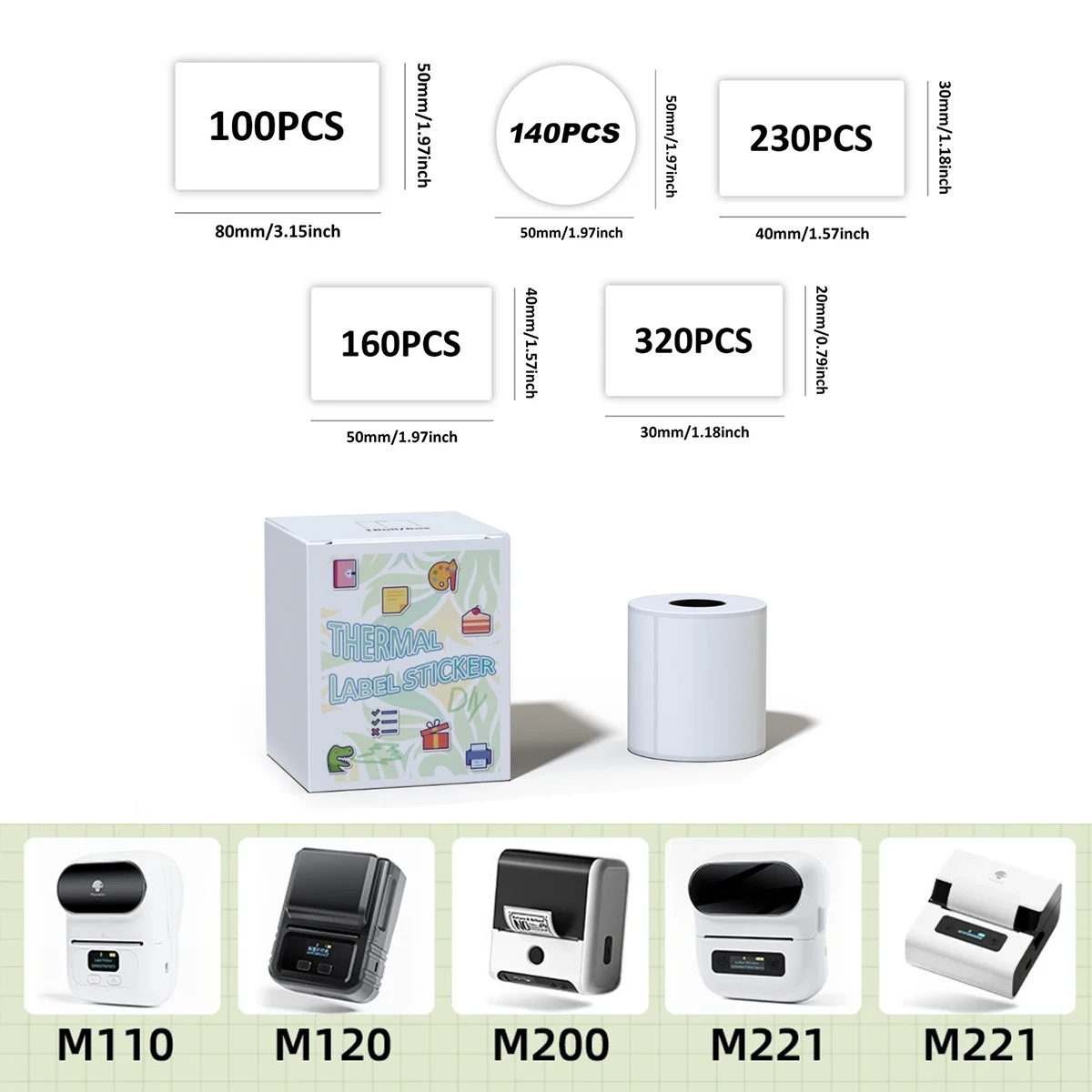 Etikettenaufkleber für Phomemo M110 M220 M221 M120 Mini tragbarer Drucker 20–50 mm Thermo-Etikettendrucker Aufkleber Taschenetikettiermaschine Image