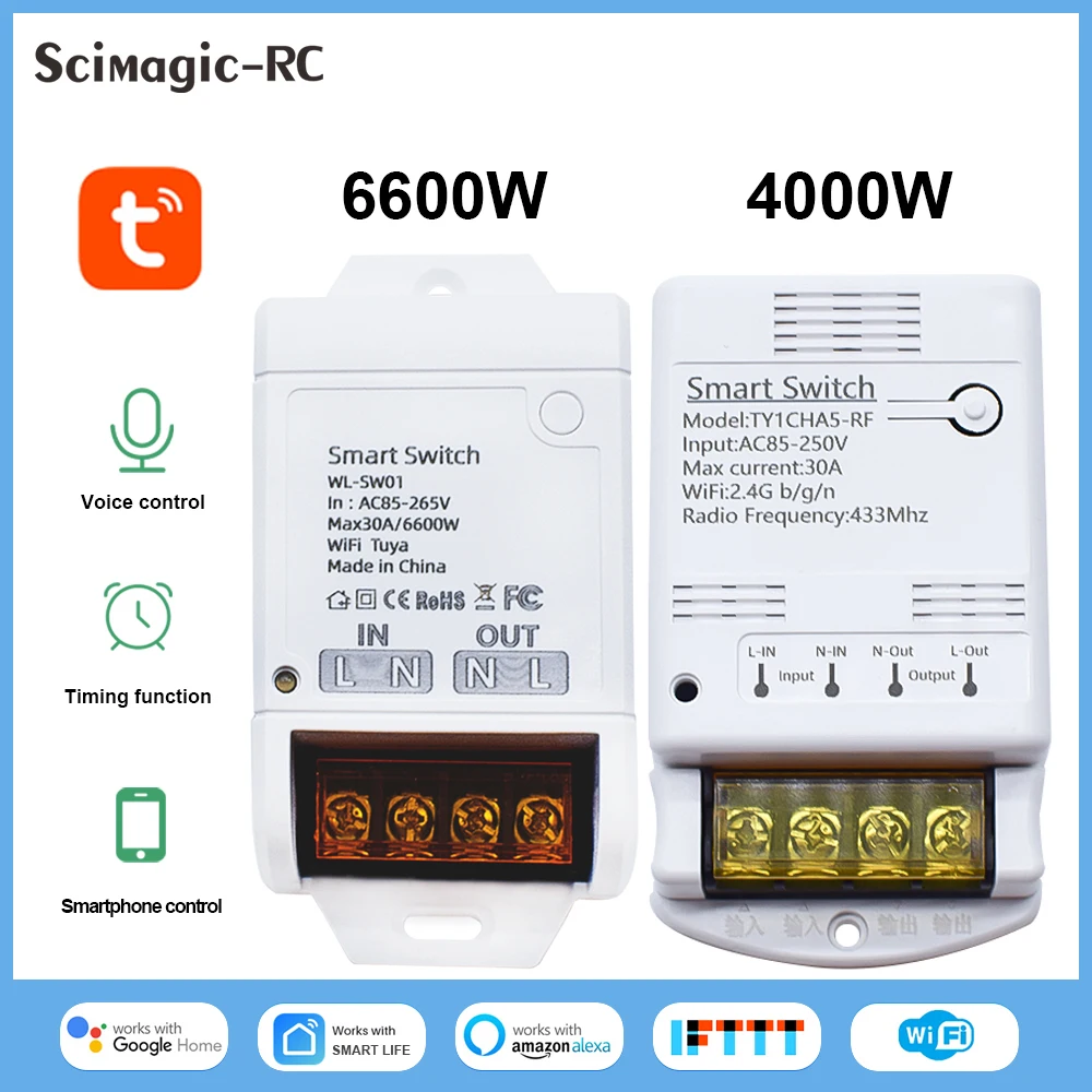 Tuya WiFi Smart Switch 30A 6600W/4000W AC 85-250V Motor Controller Home Automation relais Smart Licht Modul Alexa Google Hause Image