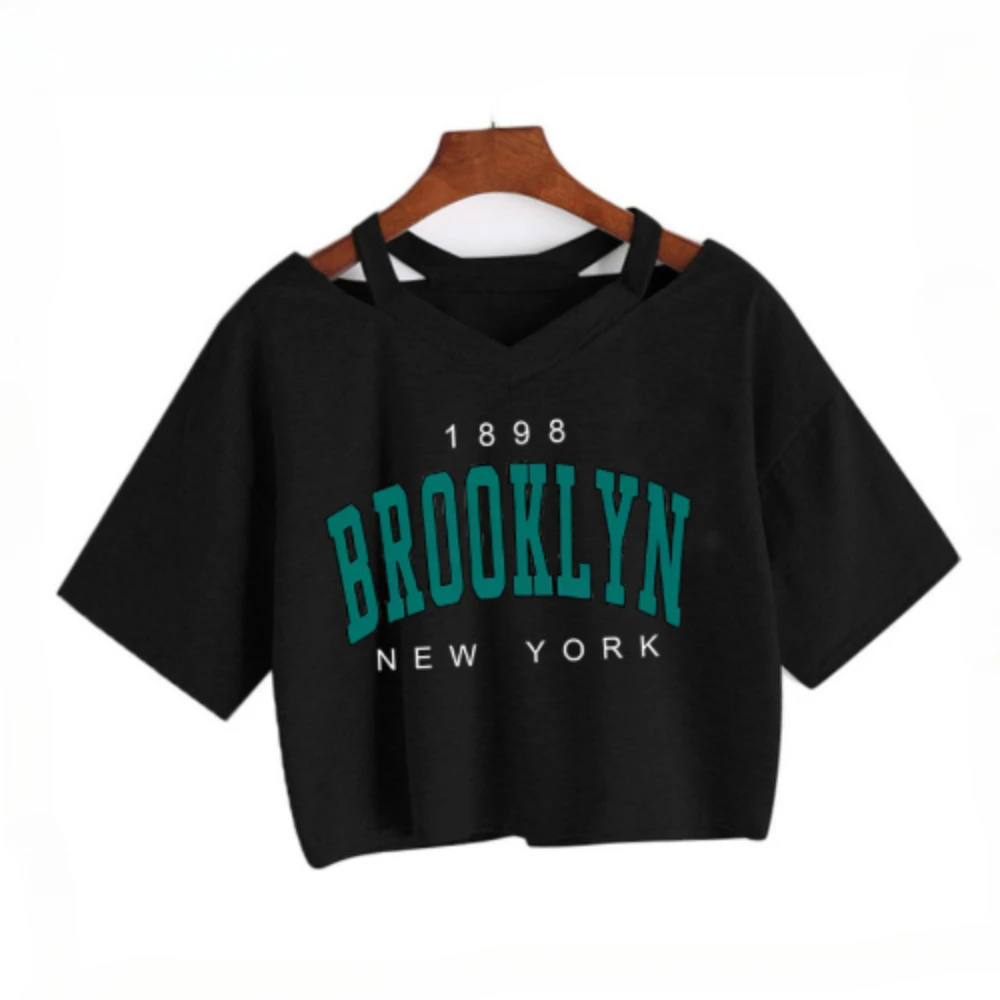 HEIßER 2024 NEUE Y2k Brooklyn Brief Drucken Frauen T Shirt Harajuku Ulzzang T Hemd Lustige T-shirt Koreanischen Stil Casual Crop Tops weibliche Image