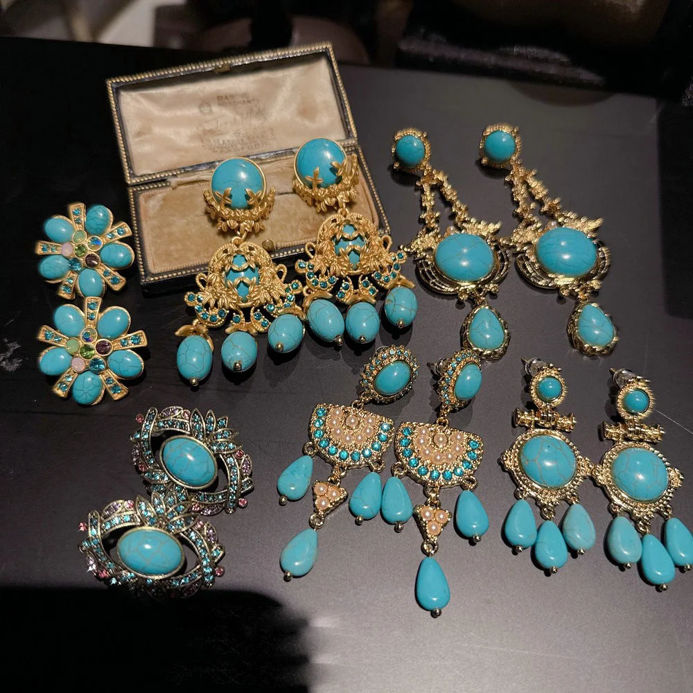 Frauen Vintage Natürliche Türkis Lange Ohrringe 2025 Neue Temperament 18 Karat Gold