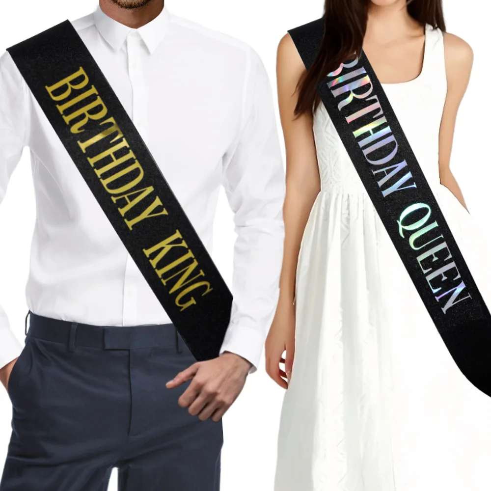 Geburtstags könig und Geburtstags königin Schärpe für Männer Frauen Geburtstags feier Dekorationen liefert Silber Goldfolie Brief schwarz Satin Schärpe Image