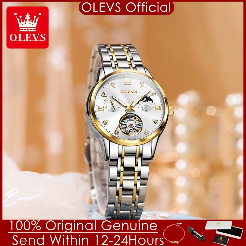 Olevs original moonswatch für frauen automatische mechanische uhr skelett design elegante weibliche wasserdichte uhr damen armbanduhr Image