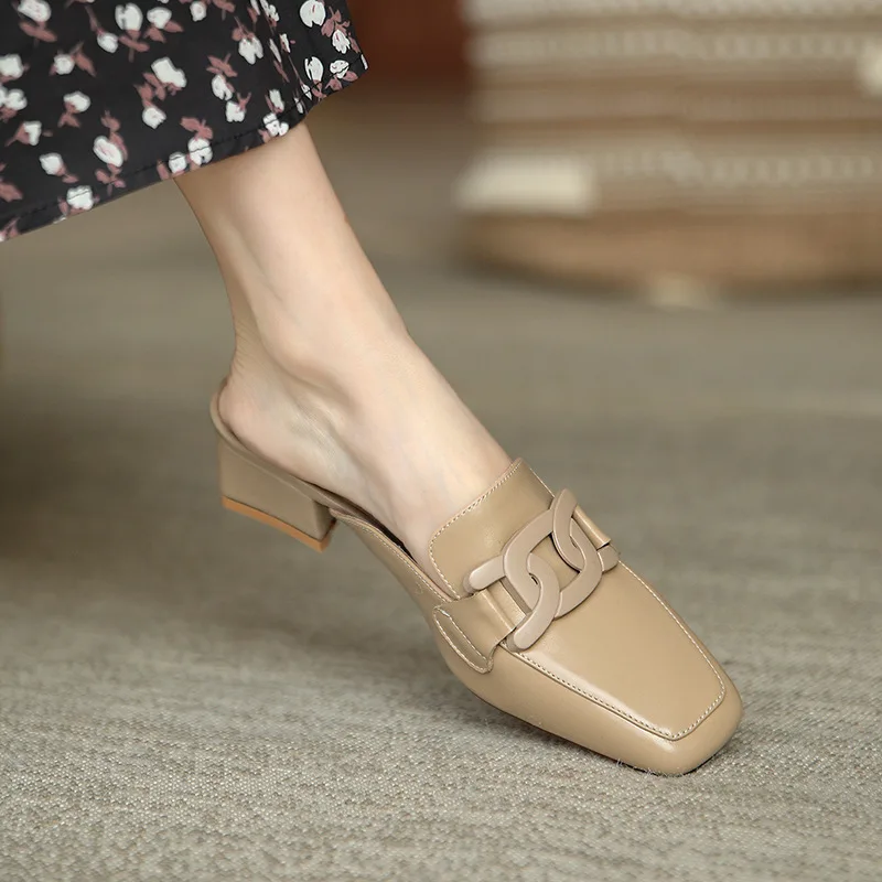 2024 sommer Retro Semi-drag Loafers Kette Frau frauen Med-absätzen Runde Kopf Gold Kette Geschlossene Zehe casual Schuhe