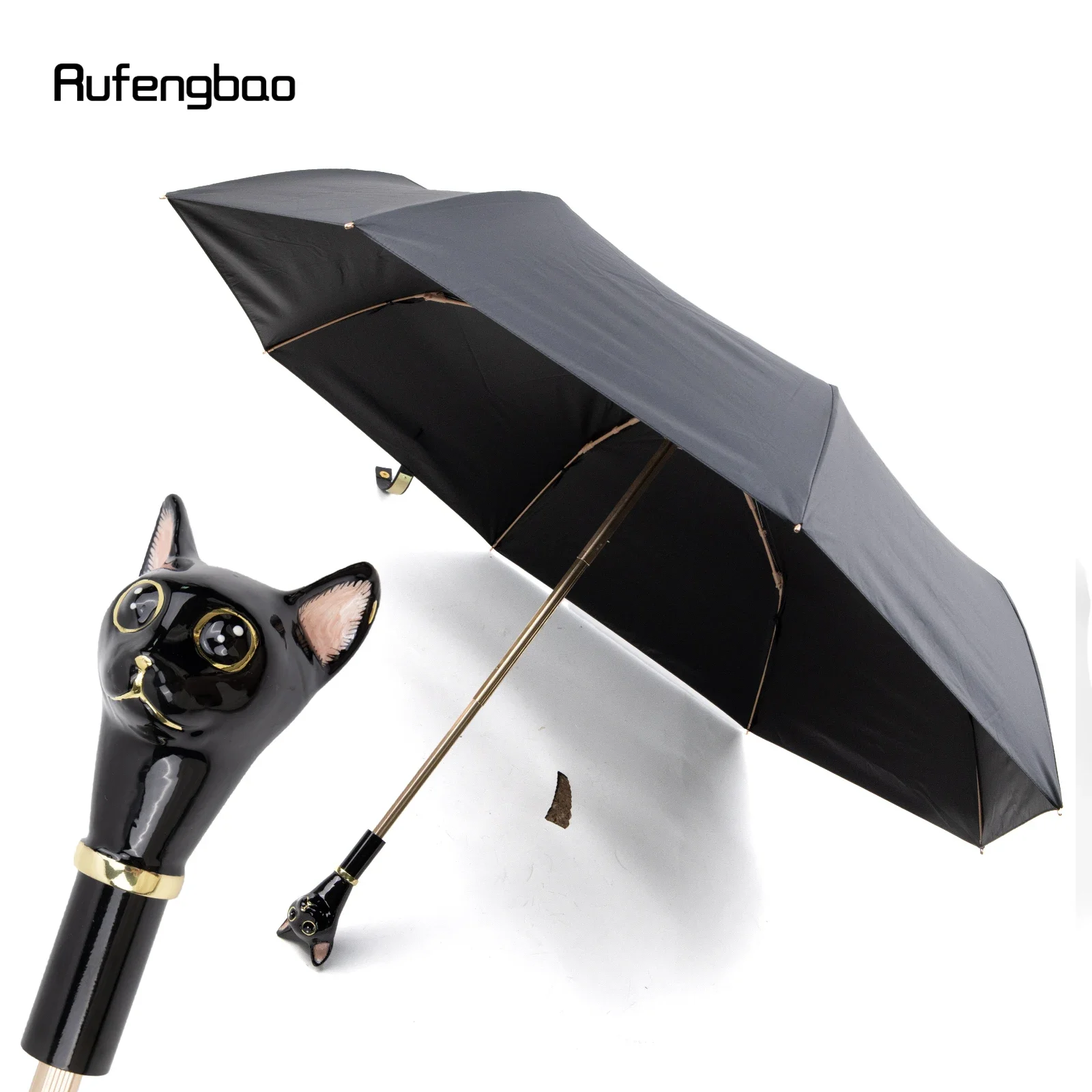 Schwarze Katze Kätzchen Griff Frauen Männer Regenschirm, automatischer Regenschirm, klappbarer UV-Schutz sonnige und regnerische Tage wind dichter Regenschirm Image