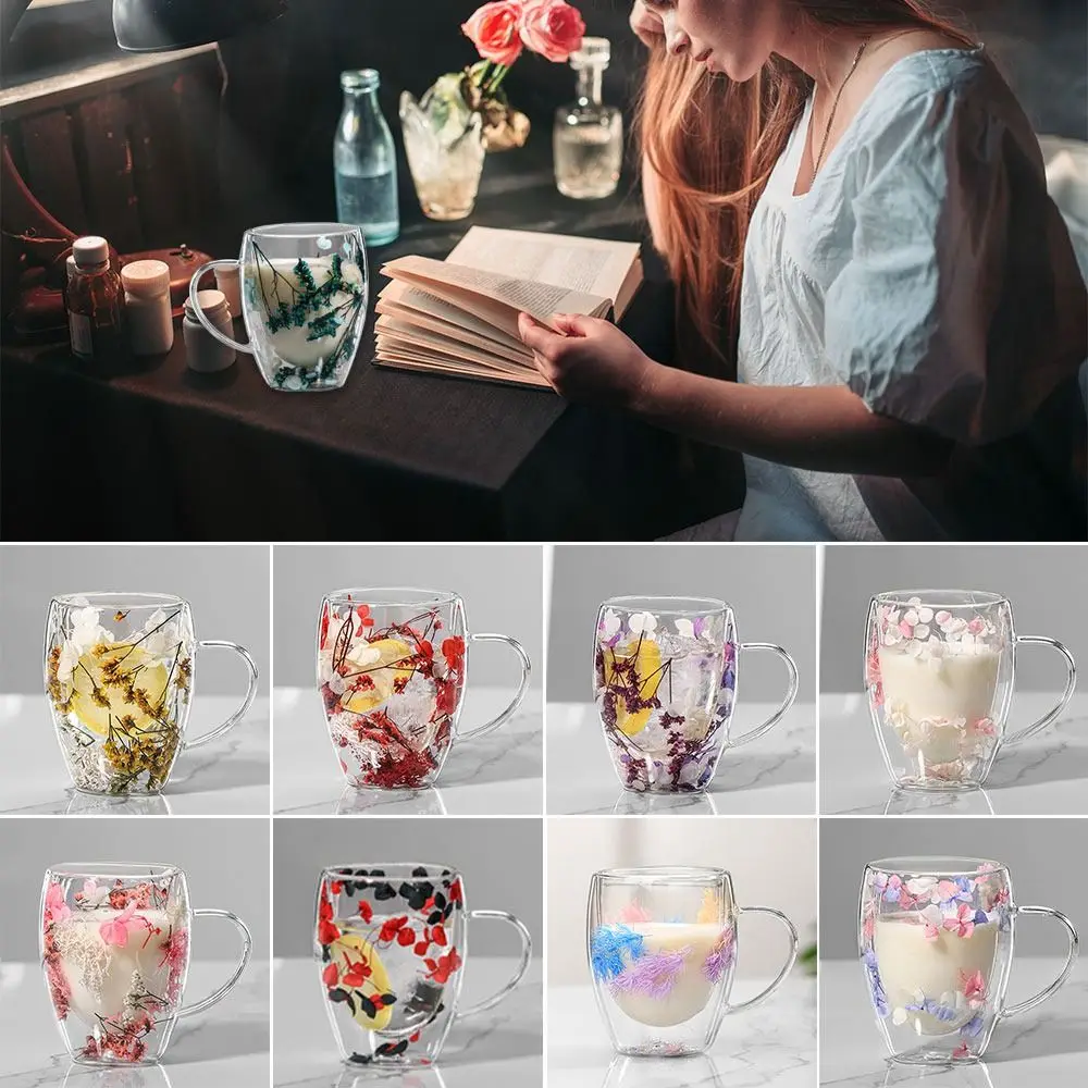 Getrocknete Blumen doppelwandige Kaffeetasse 350ml getrocknete Blumen Glas becher einzigartige kreative Blumen becher mit Griff Anti-Verbrühungs becher Image