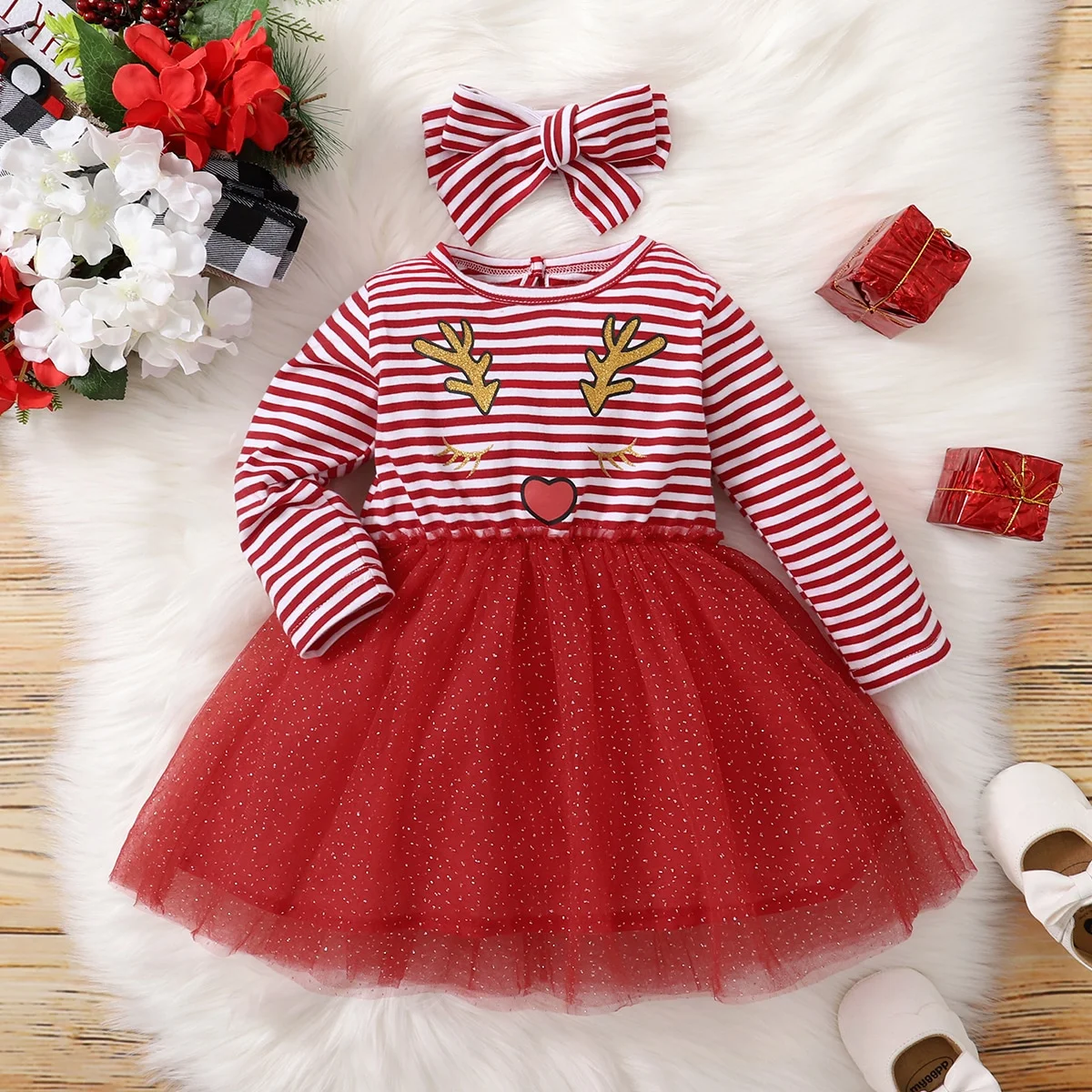Baby Mädchen Herbst/Winter rot gestreift Weihnachten Hirsch Mesh Langarm Kleid Image